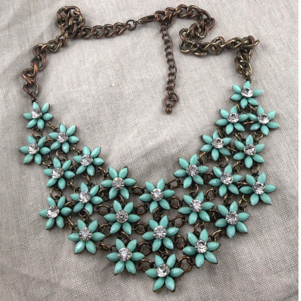 Vintage Turquoise Floral Statement Necklace Gold Tone Cluster Bib